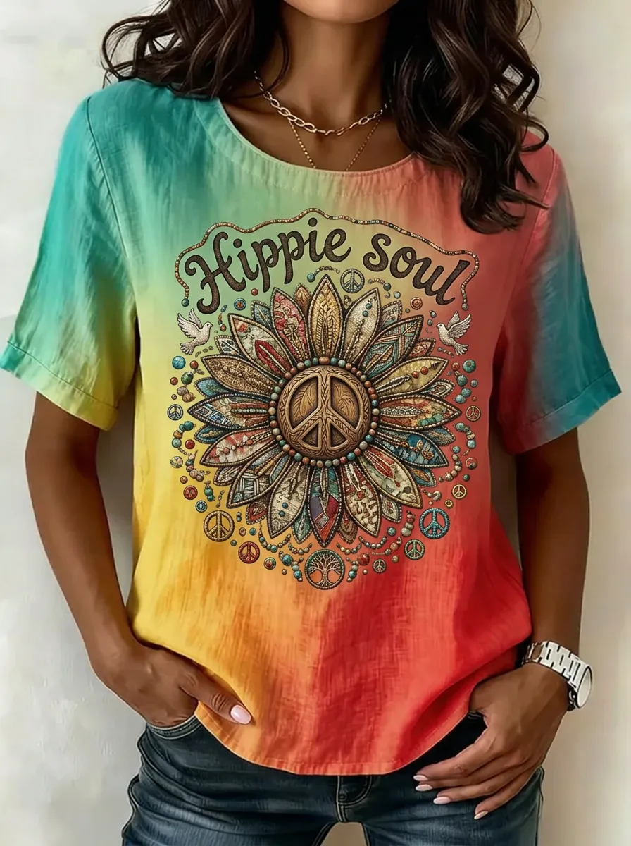 Women's Nashville Hippie Soul Sunflower Peace Sign Printed T-shirt