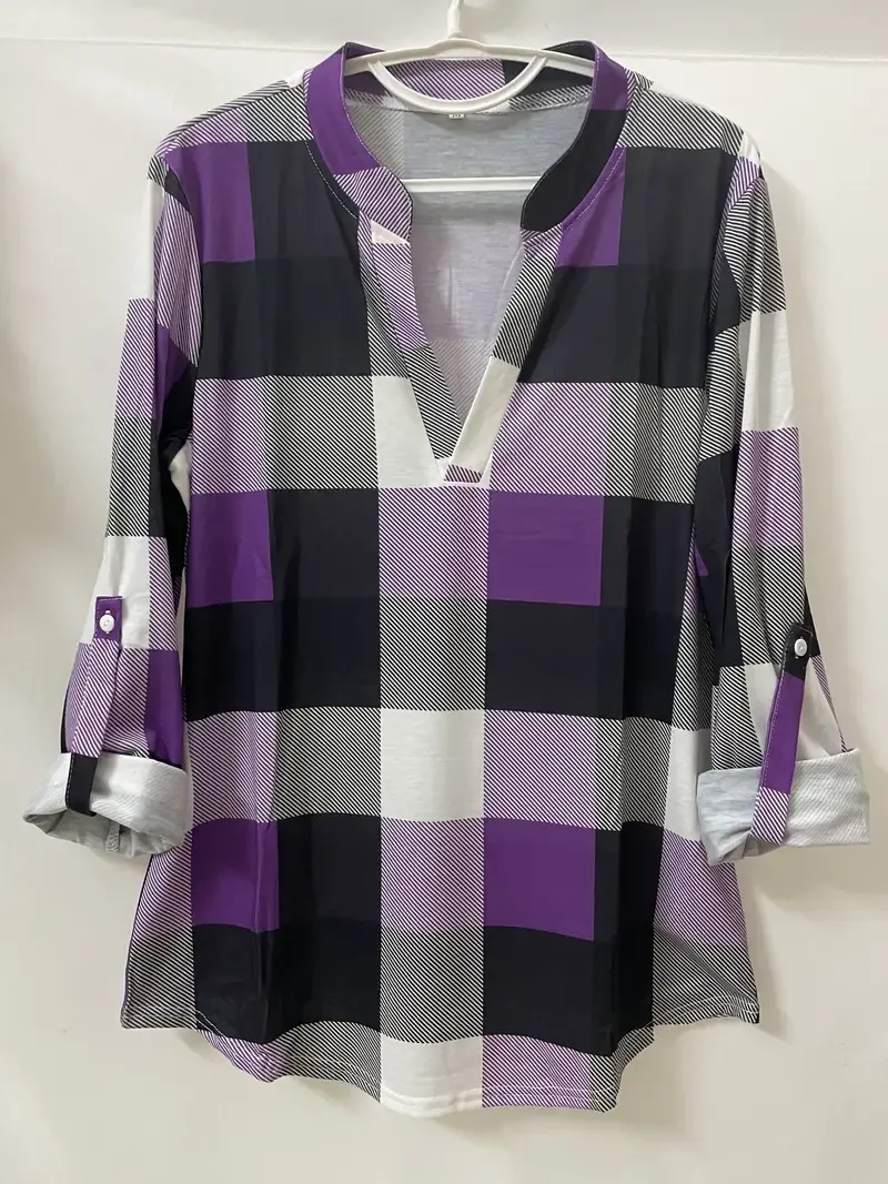 Casual Plaid Shirt, Long Sleeve V-neck Shirt, Casual Every Day Tops, Women's Clothing