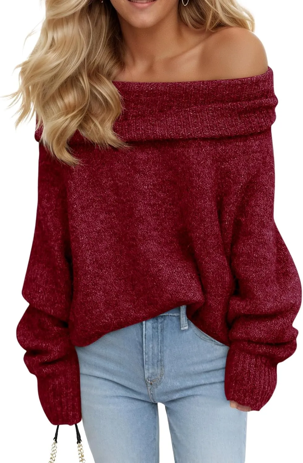 🎄Hot Sale Off The Shoulder Sweaters Long Sleeve Slouchy Knitted Casual Loose Fall Trendy Pullover Tops