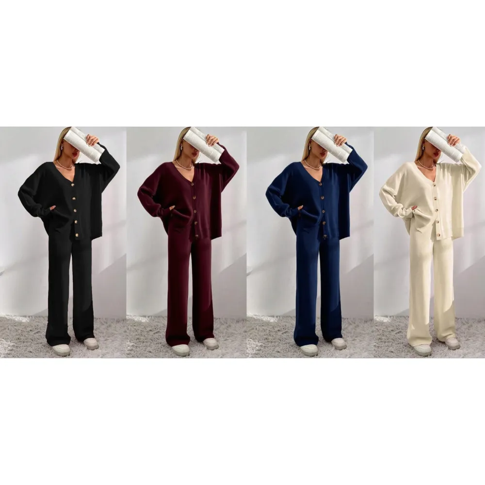 Women's  V Neck Cardigan & Elastic Waist Wide Leg Pants Two-piece Set