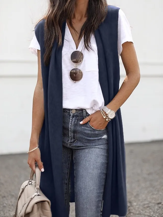 Women's Cardigan Knitted Solid Color Basic Casual Sleeveless Regular Fit  Cardigans Open Front Spring Summer Red Wine Dark Blue Orange / Going out