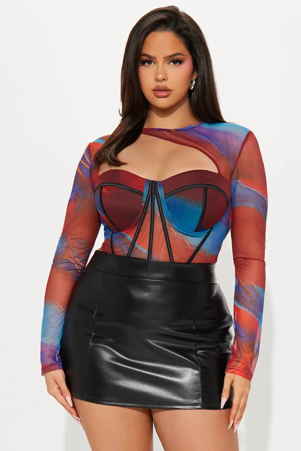 A Crazy Love Mesh Corset Top - Burgundy/combo