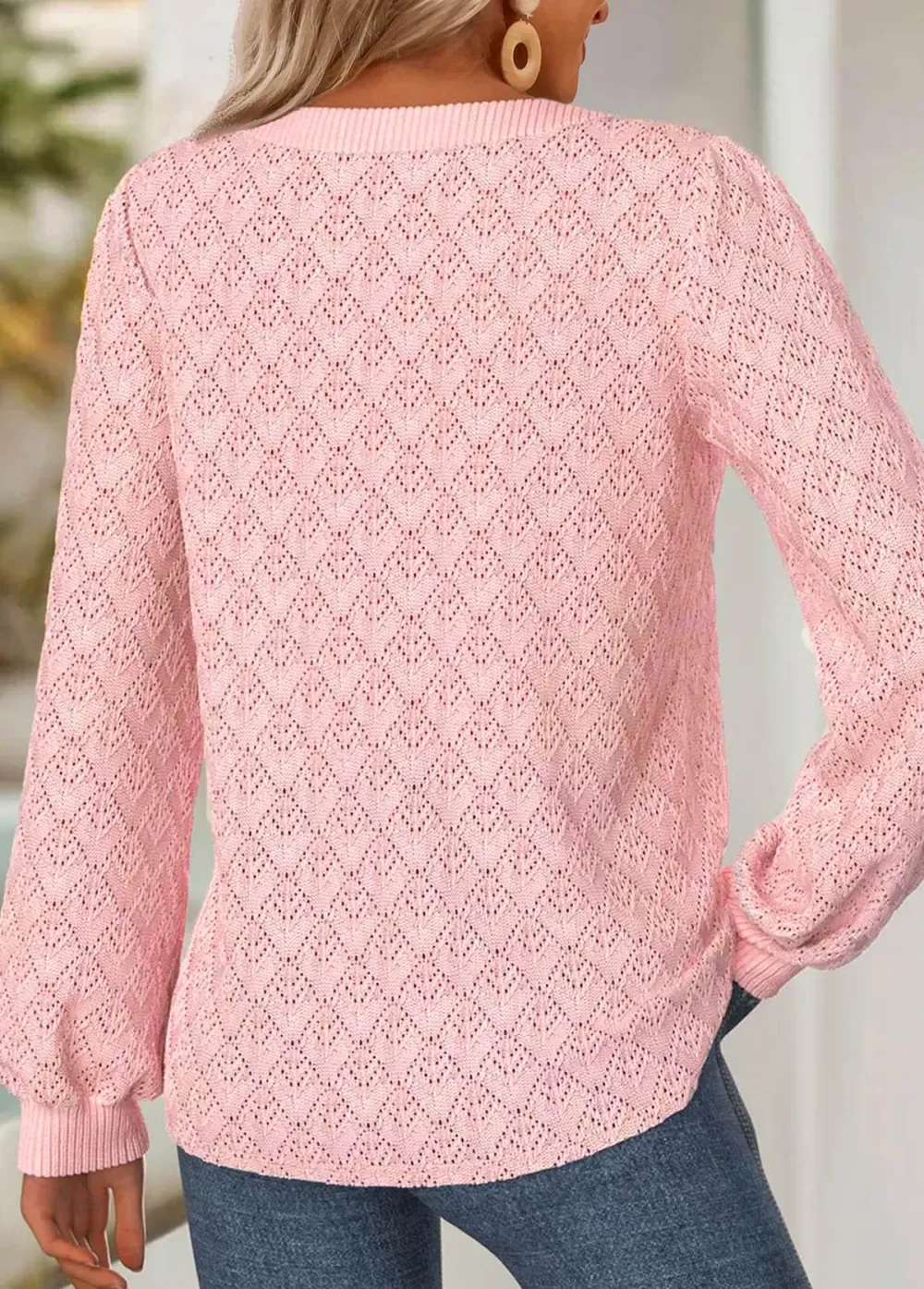 Light Pink Jacquard Long Sleeve V Neck T Shirt