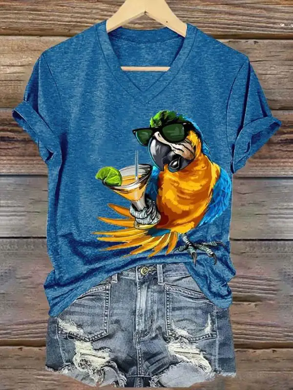 Women's Funny Drinking Parrot Print T-Shirt