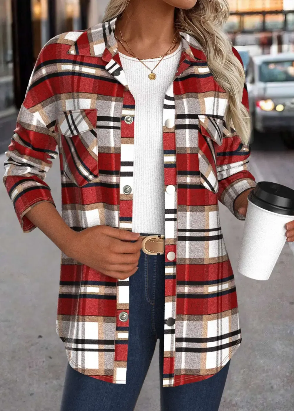 Red Patchwork Plaid Long Sleeve Turn Down Collar Coat