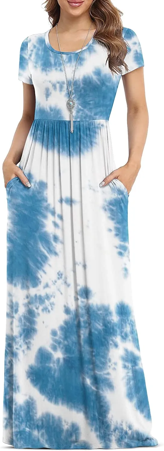 Women's Short Sleeve Loose Plain Maxi Dresses Casual Long Dresses with Pockets