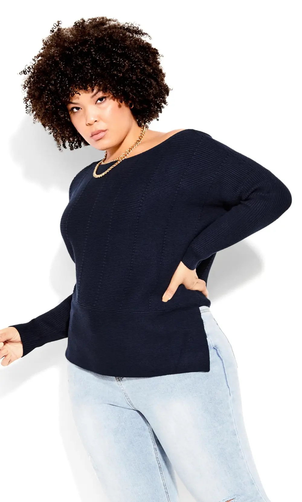 Evans Navy Blue Batwing Side Split Jumper