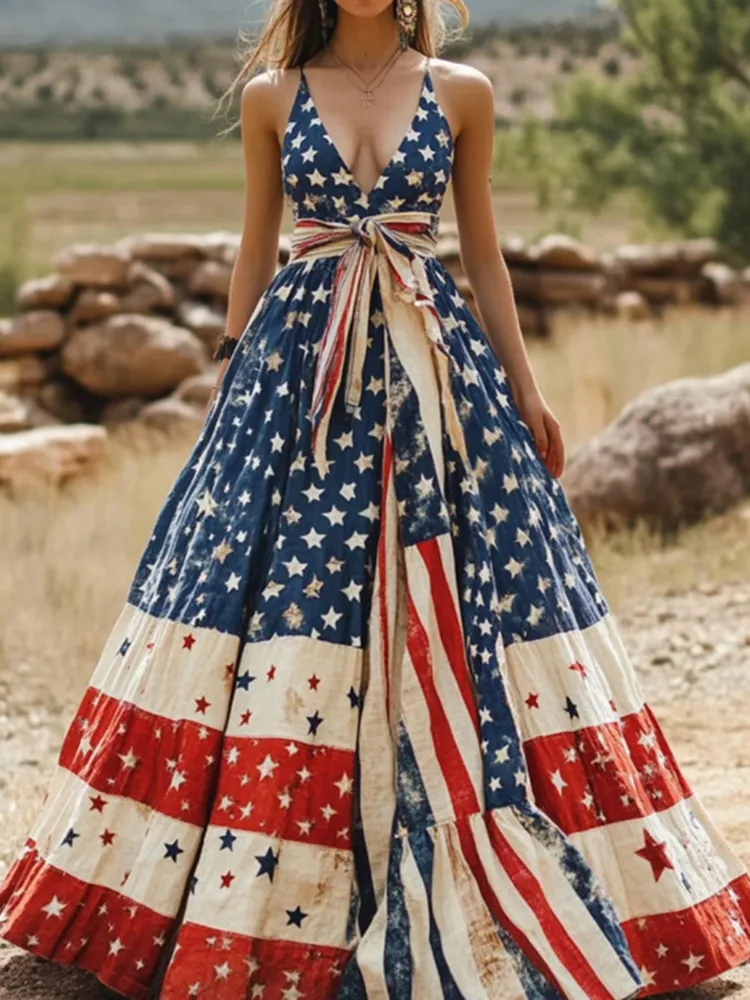 Women's Vintage Independence Day Flag V Neck Sleeveless Dress