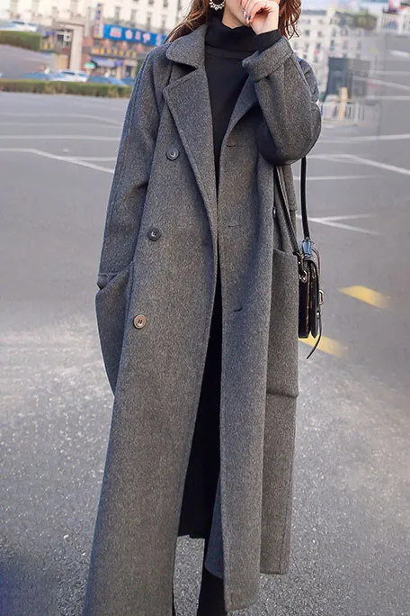 Hepburn Style Single Buckle Lapel Long Coat