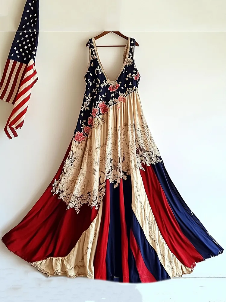 Women's Vintage Independence Day Flag Floral Sleeveless Dress