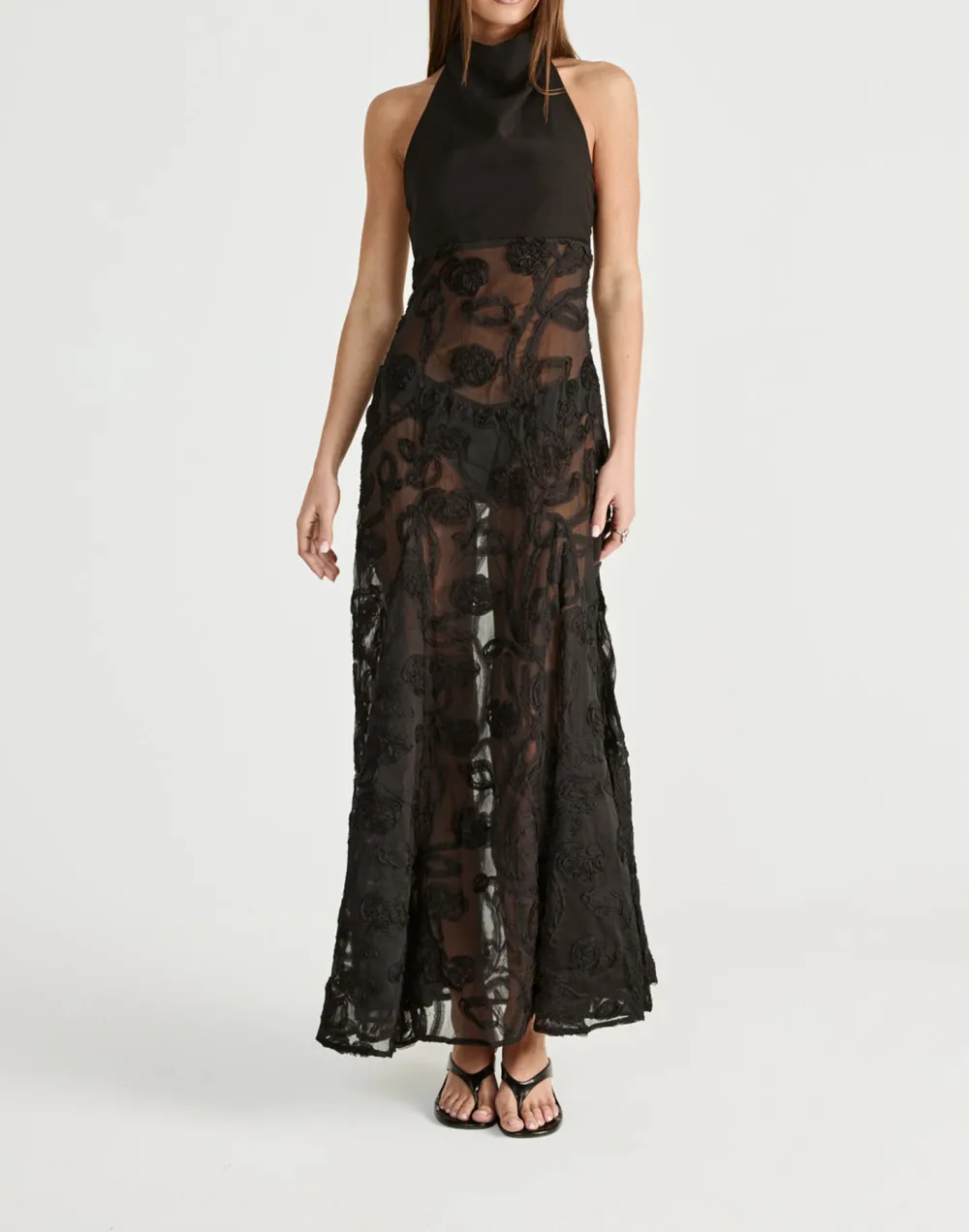 Fashion Floral Textured Open Back High Neck Dress