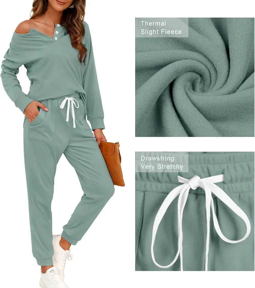 Two Piece Outfits for Women Lounge Sets Button Down Sweatshirt Sweatpants Sweatsuits Set with Pockets