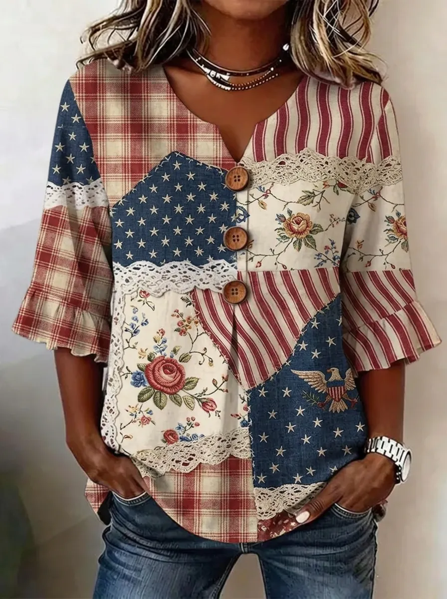 Women's Nashville Patriotic Floral Patchwork Printed V-Neck Top