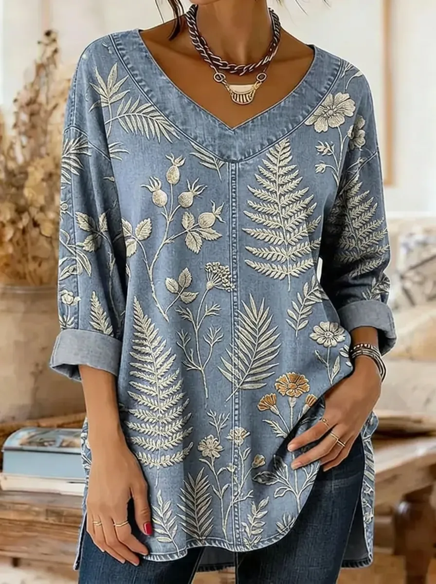 Women's Nashville Botanical Fern Floral Printed Denim V-neck Top