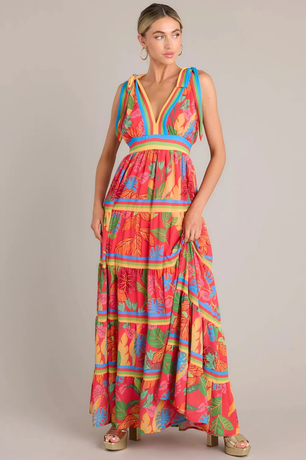 Flow Like Leaves Red Print Maxi Dress