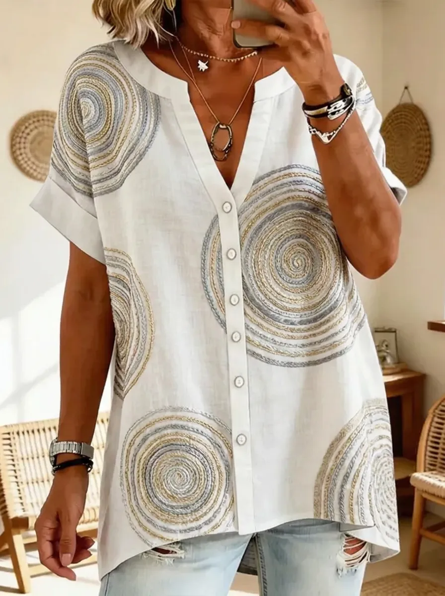 Women's Nashville Style Abstract Spiral Printed V-Neck Shirt