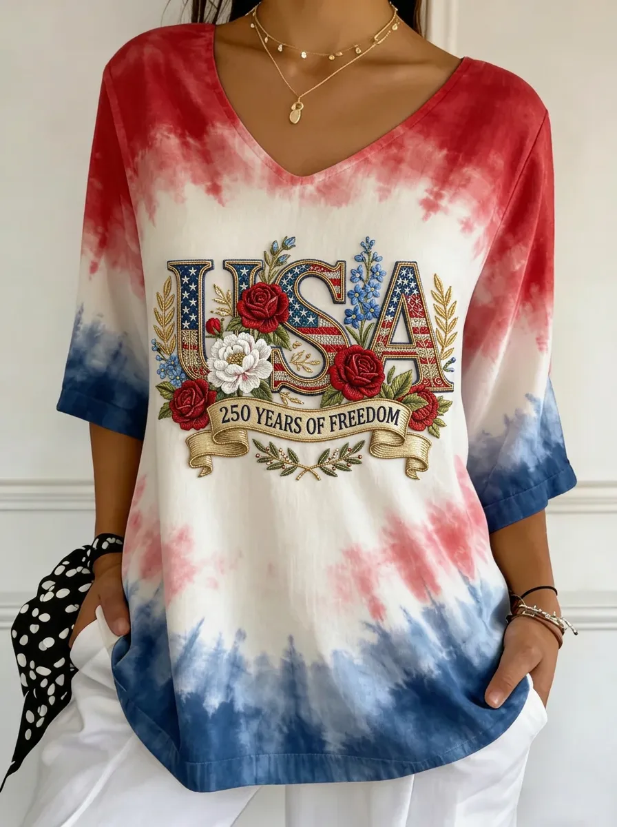 Women's USA Patriotic Floral 250 Years Printed V-neck T-shirt