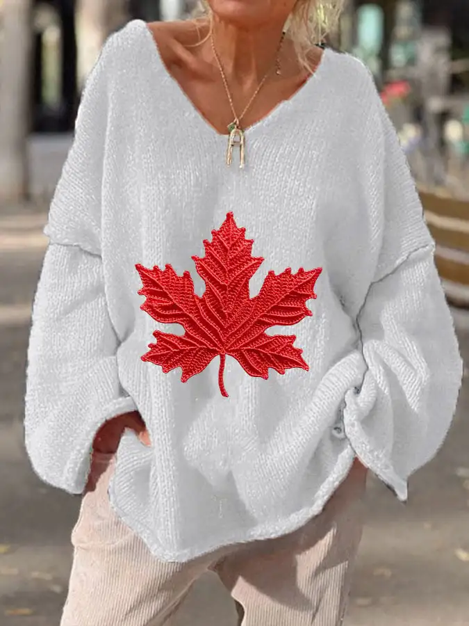 Women's Canadian Maple Leaf Casual Sweater V-Neck Top