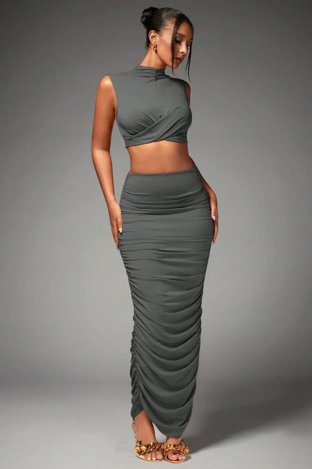 BAE Women's Mock Neck Pleated Crop Top And Skirt Set
