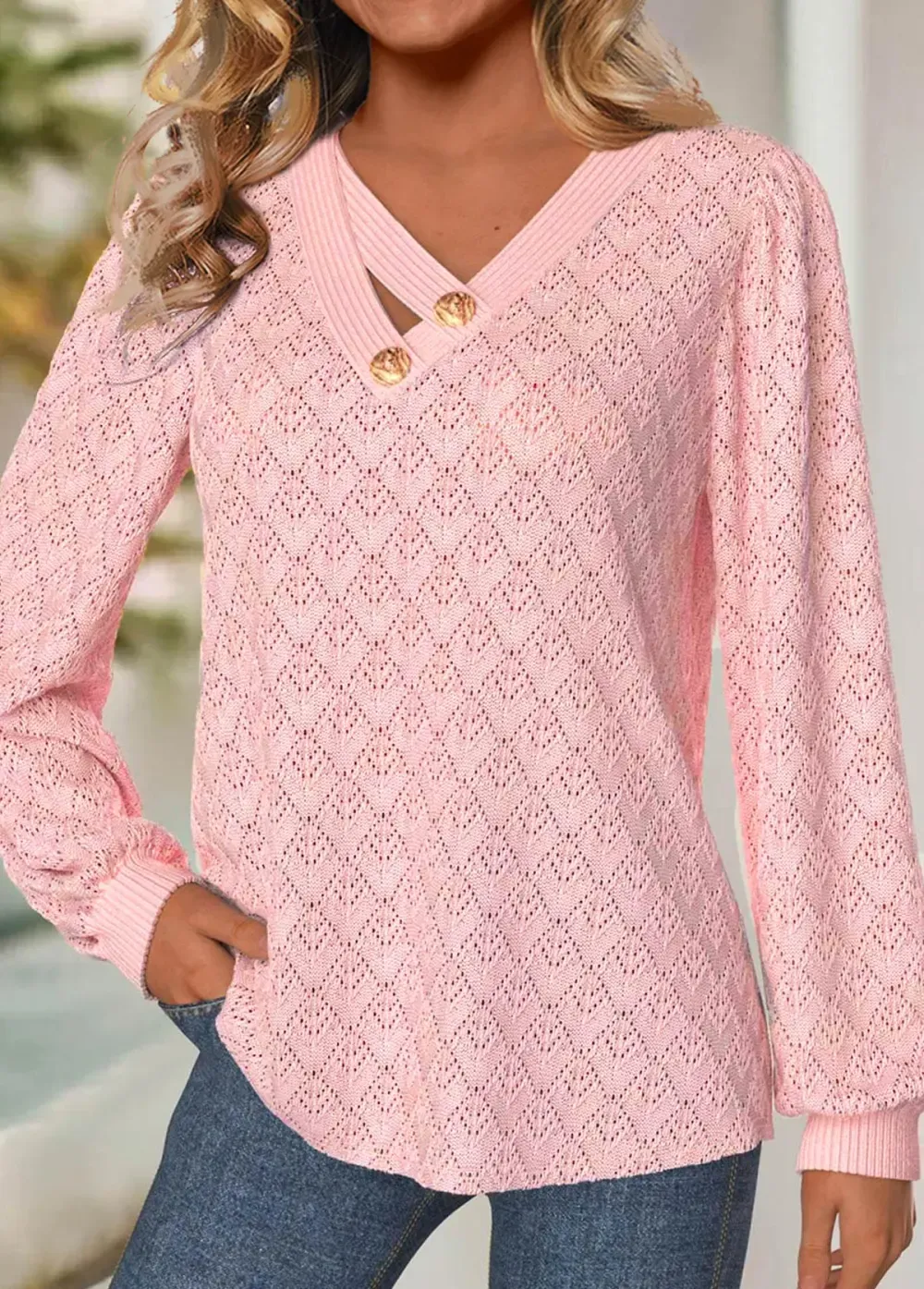 Light Pink Jacquard Long Sleeve V Neck T Shirt