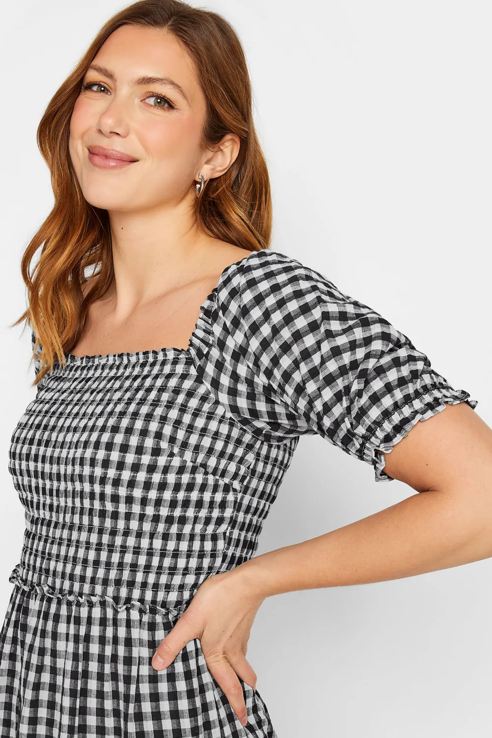 LTS Tall Black Gingham Shirred Midi Dress