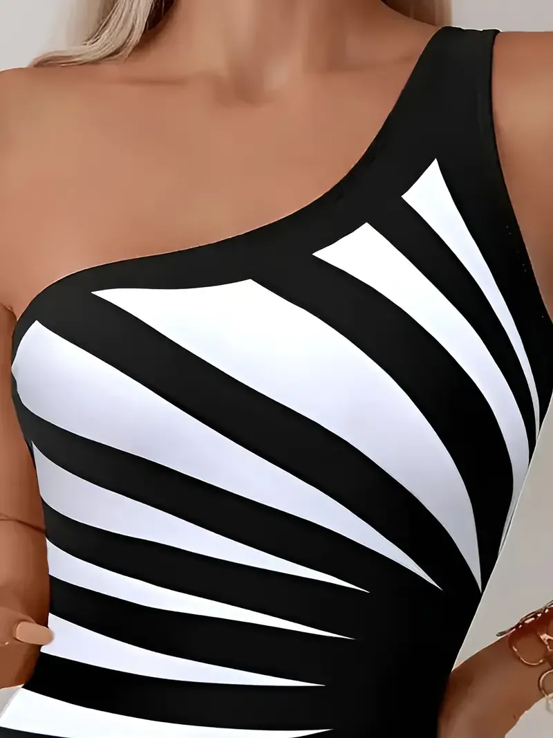 Elegant One-Shoulder Striped Polyester Bodysuit Swimsuit, High Stretch Knit Fabric, with Removable Padding, Asymmetrical Design, Elastane Lined