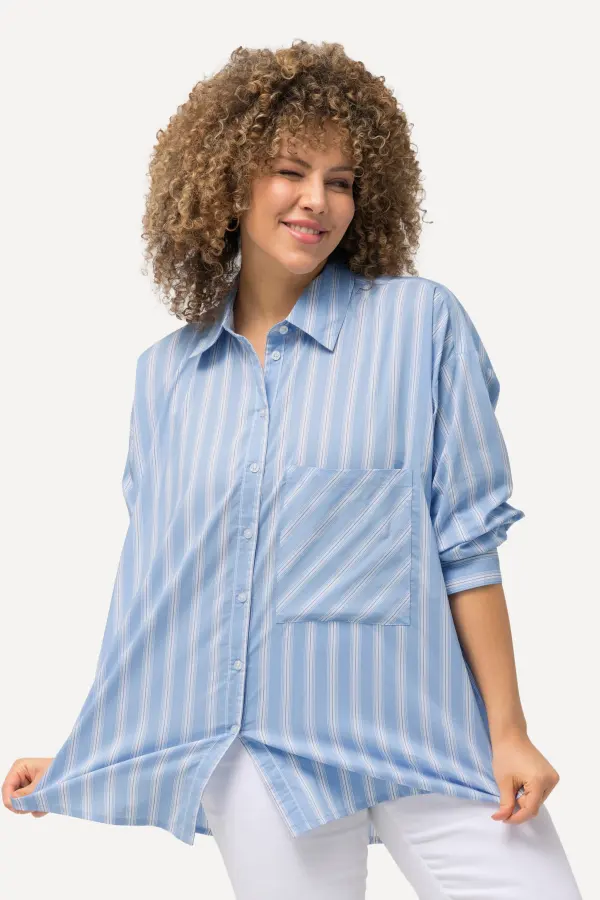 Bluse, Streifen, Brusttasche, Hemdkragen, Langarm