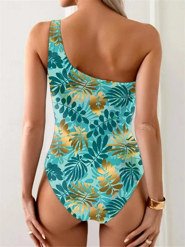 Women's Swimwear One Piece Monokini Bathing Suits Normal Swimsuit Open Back Printing High Waisted Leaves Sports Fashion Bathing Suits