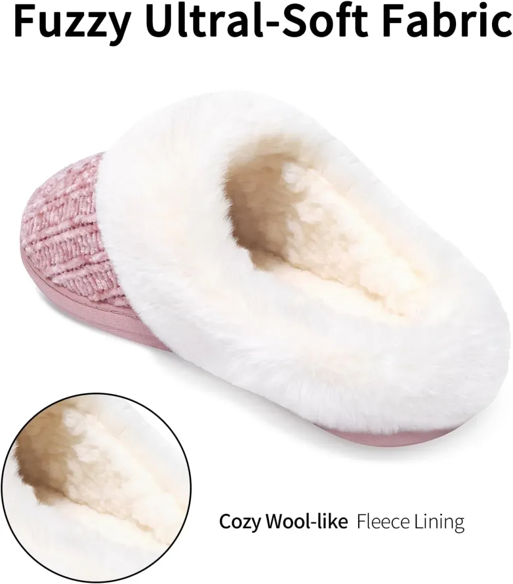 Warm Knit House Slippers for Women Comfy Wool-Like Lined Chenille Slippers with Memory Foam and Indoor Outdoor Soles
