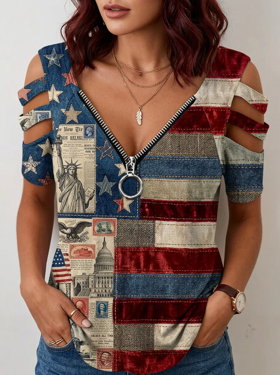 Women's USA Patriotic Statue of Liberty Printed cold shoulder zip top