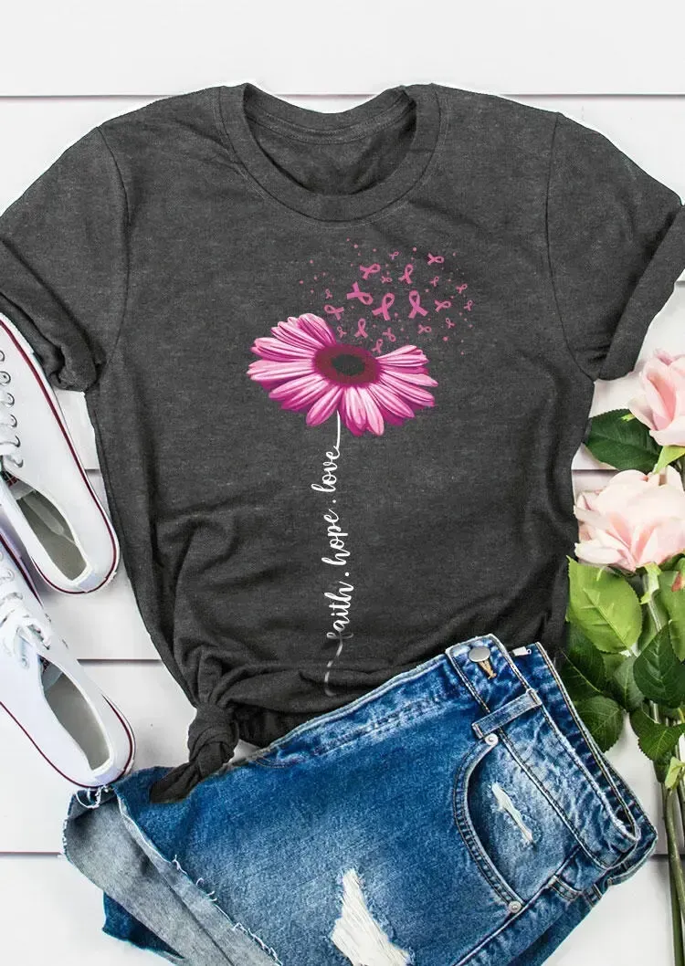 Sunflower Ribbon Faith Hope Love T-Shirt Tee - Dark Grey