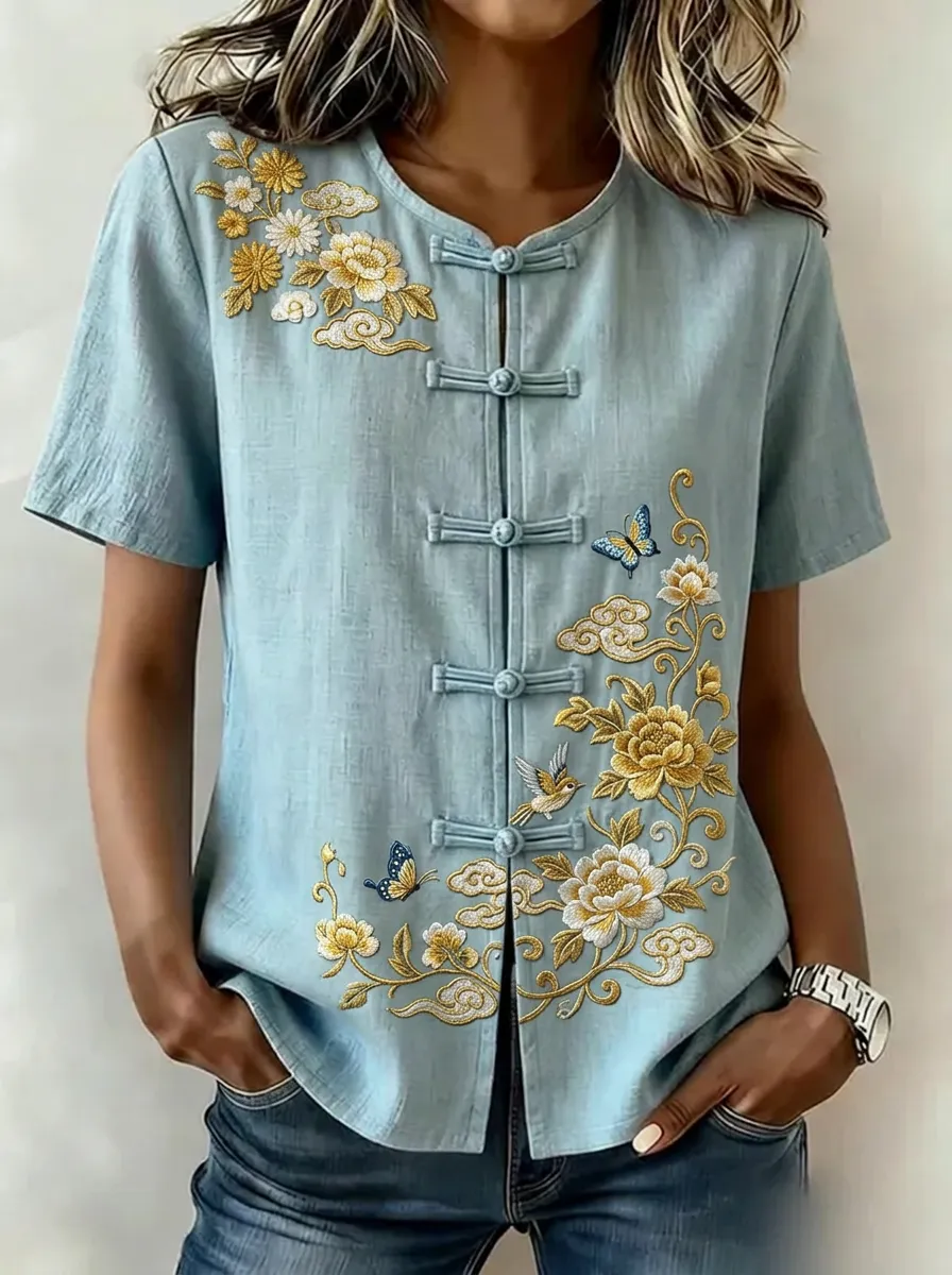 Women's Nashville Floral Butterfly Embroidered Printed Top