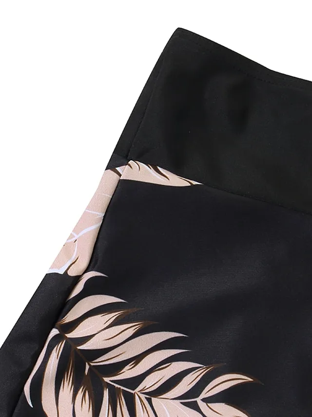 Women's Swimwear Tankini Swim Dress 2 Piece Plus Size Swimsuit Halter 2 Piece Modest Swimwear Open Back Printing Trees / Leaves Black Halter V Wire Bathing Suits New Vacation Fashion