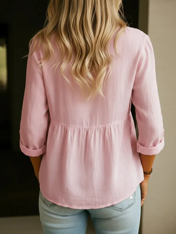 Women's Linen Cotton Blend Shirt - 3/4Sleeve Crew Neck Loose Hip-Length CasualBlouse
