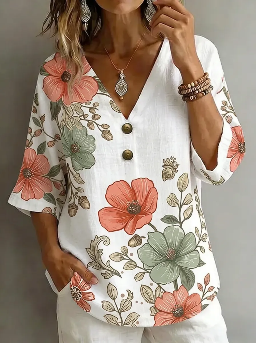Women's Nashville Floral Acorn Printed V-Neck Button Top