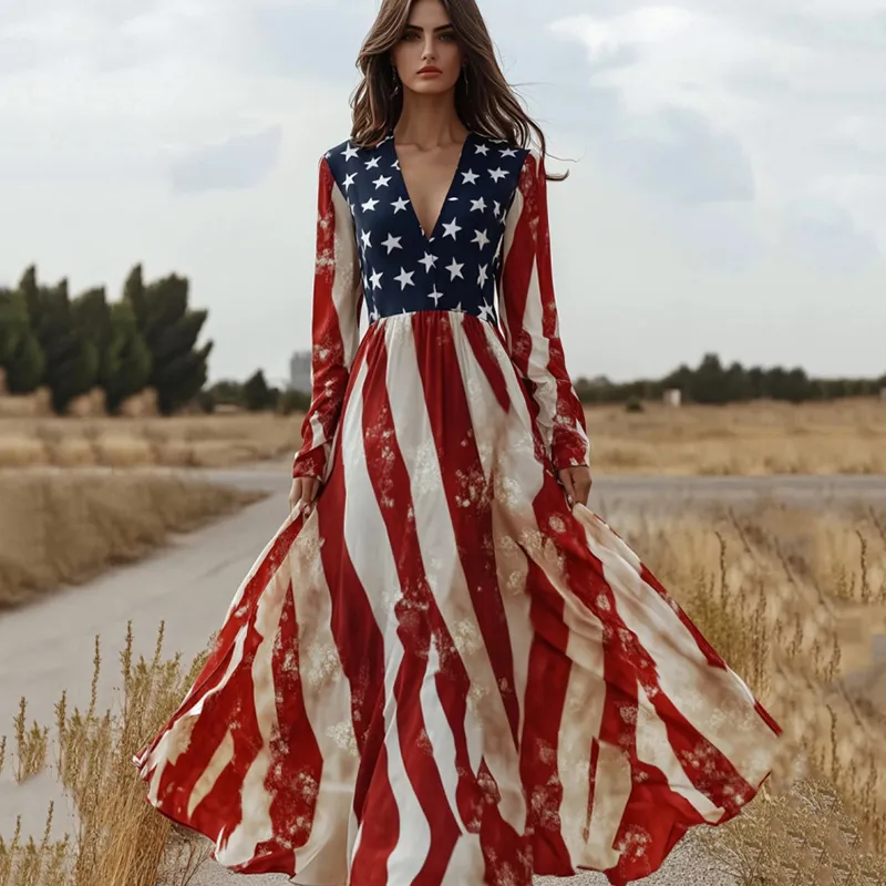 Women's Vintage Independence Day Flag Long Sleeve Maxi Dress