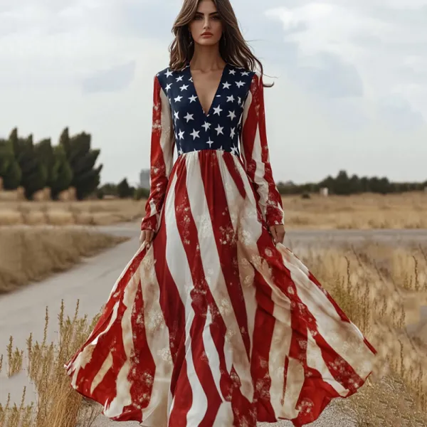 Women's Vintage Independence Day Flag Long Sleeve Maxi Dress