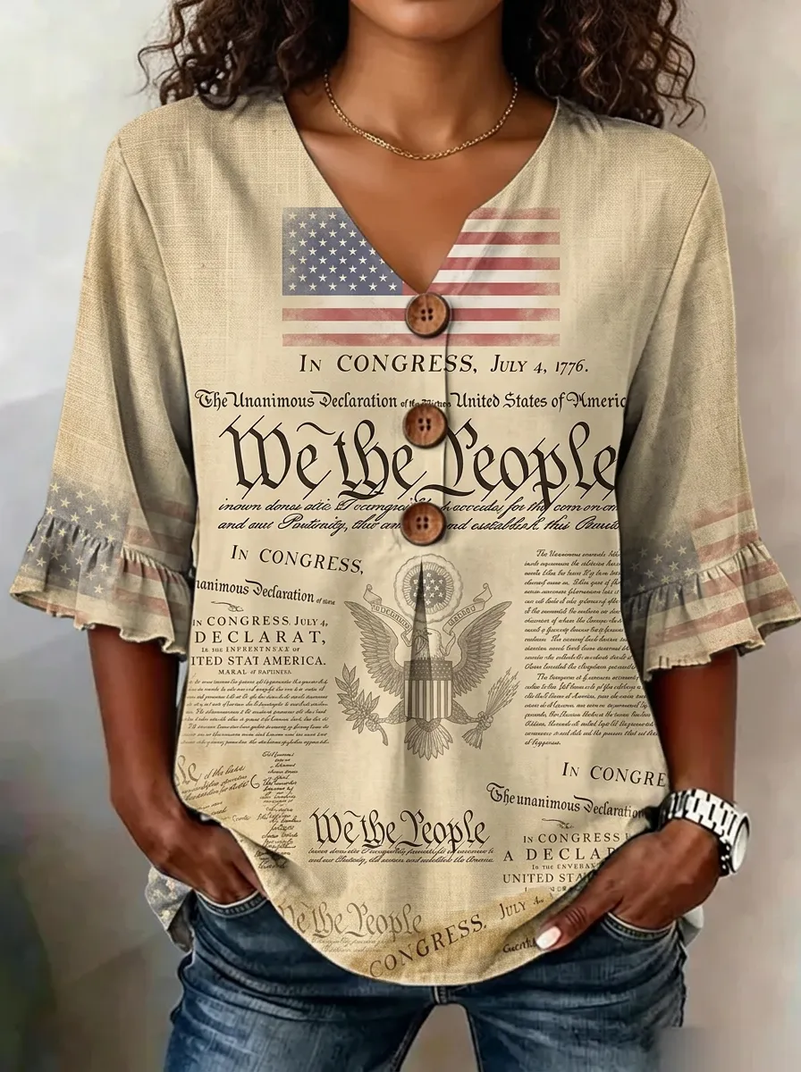 Women's Nashville Patriotic Declaration Printed V-neck Top
