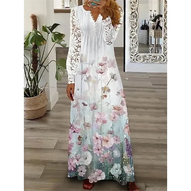 Women's Floral Lace Pleated Dresses Eyelet Long Dress Maxi Dress A Line Dress Print Dress Fashion Casual Outdoor Daily Button Long Sleeve V Neck Regular Fit White Pink Red Spring Summer S M L XL