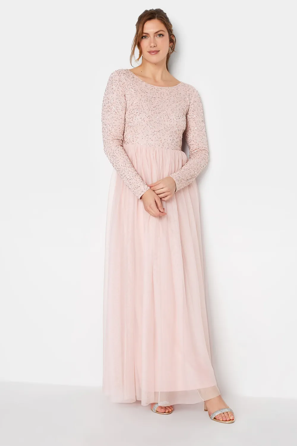 LTS Tall Blush Pink Long Sleeve Sequin Hand Embellished Maxi Dress