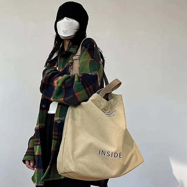 Casual Large-capacity Fashion Shoulder Bag Alphabet Print Zipper Trendy Handbag With Adjustable Strap Women Canvas Shoulder Bag Fashion Big Tote Khaki Black Green