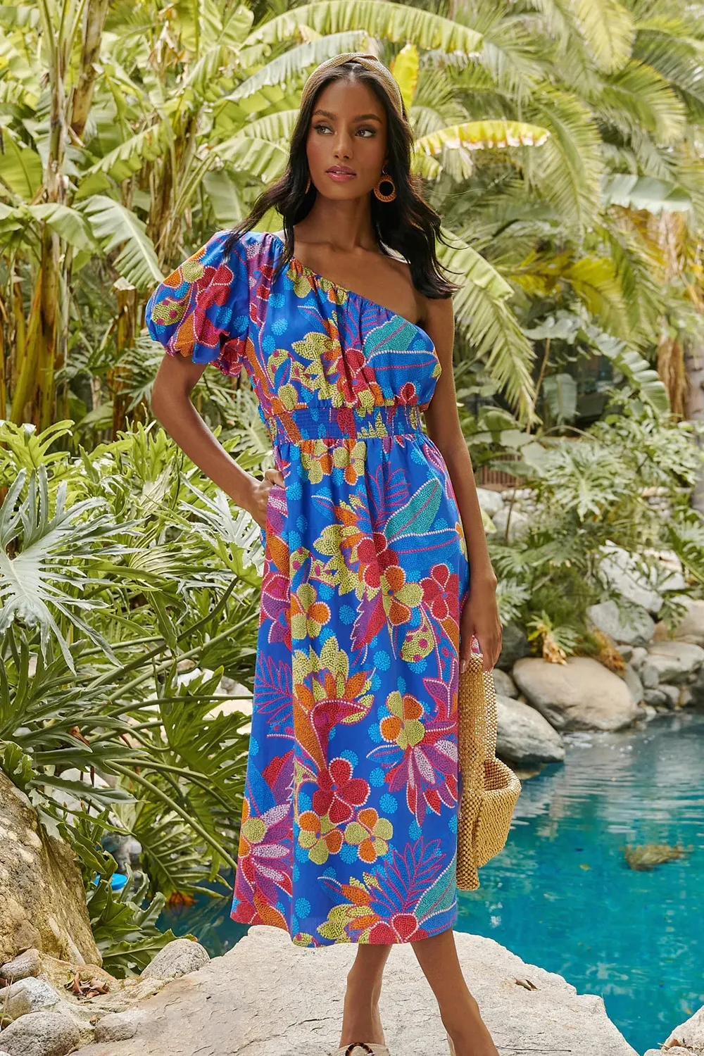 Blue Bridgette One Shoulder Midi Dress