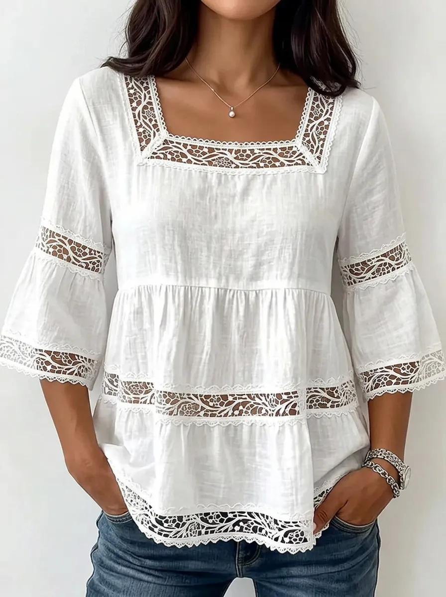 Women's Nashville Country Style Lace Trimmed Square Neck Top