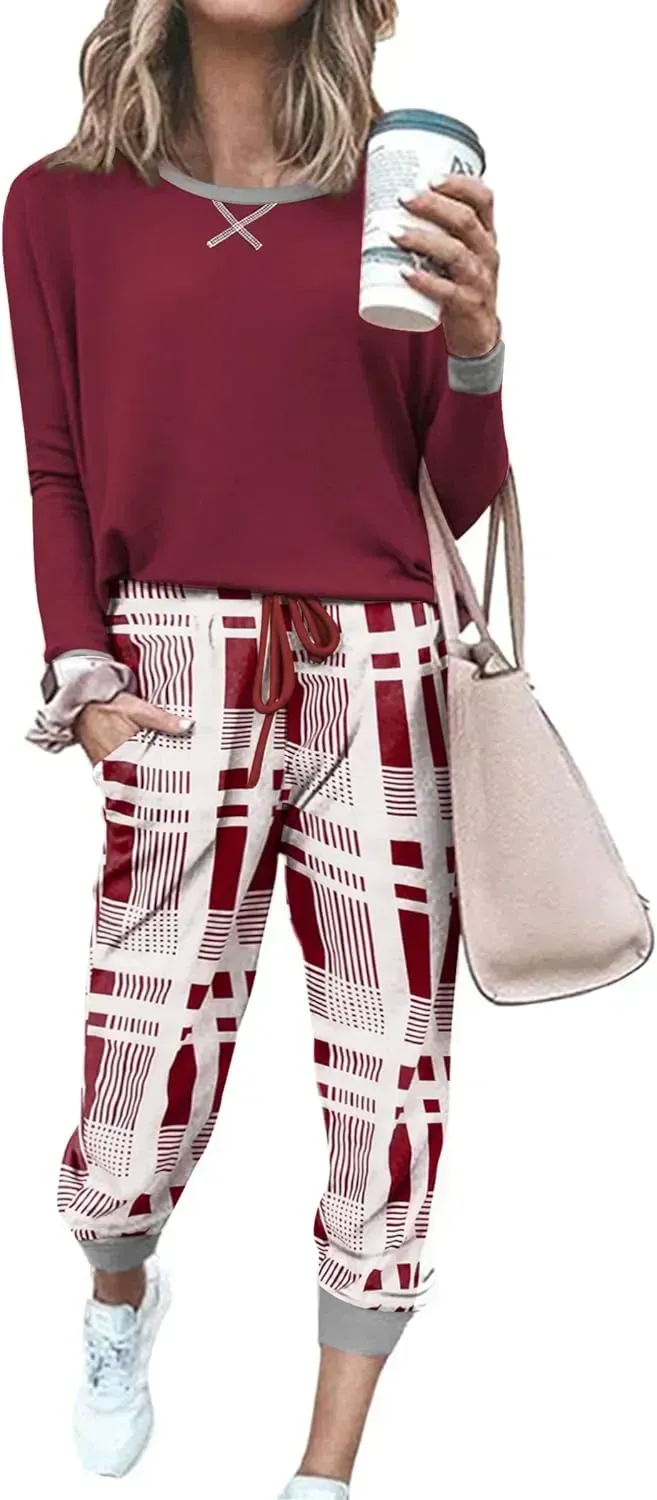 Women's Pajamas Sets Long Sleeve with Plaid Pants Soft Sleepwear O Neck 2 Piece Pjs Joggers Loung Set with Pockets