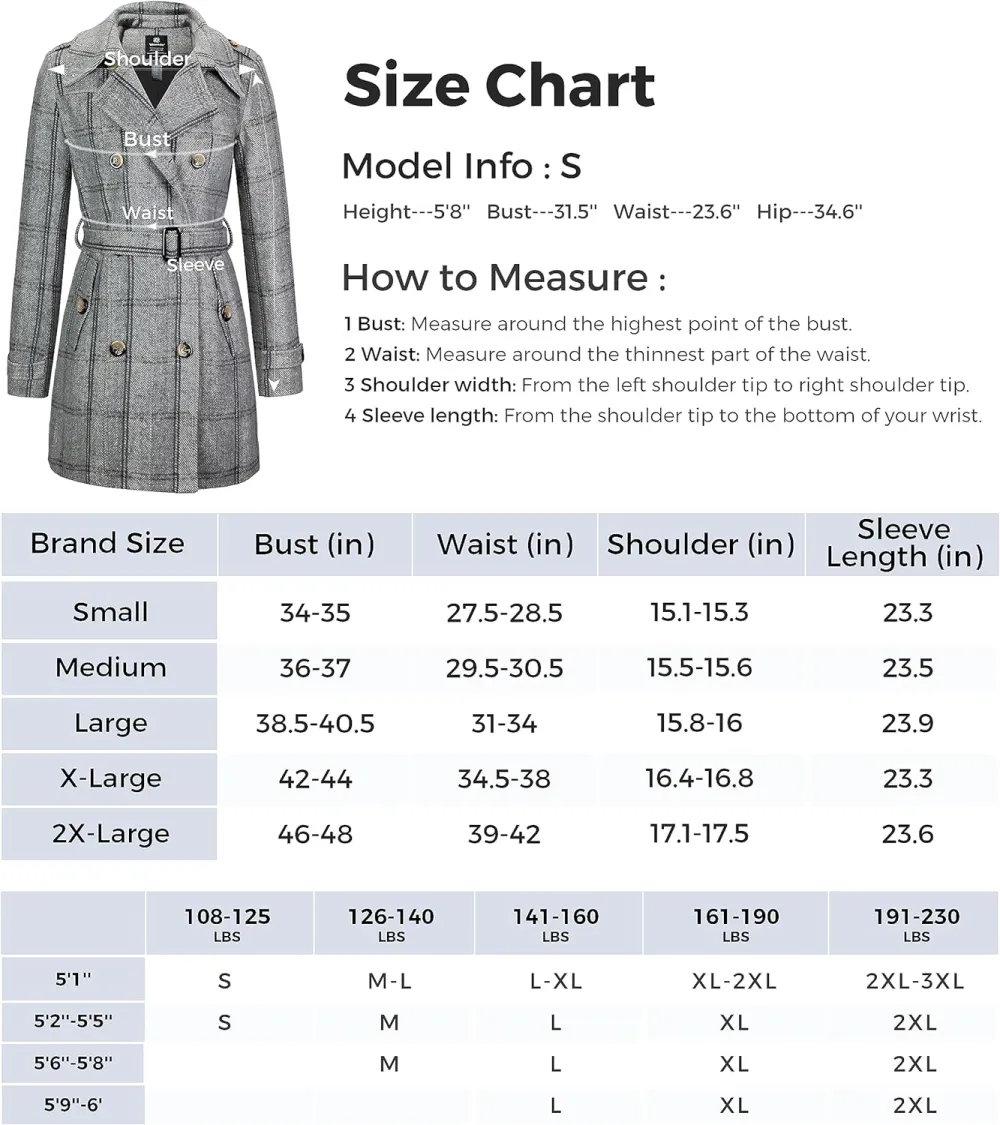 Women's Double Breasted Pea Coat Winter Mid-Long Trench Coat with Belt