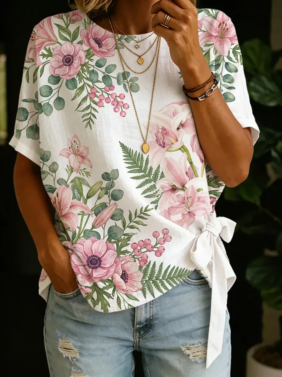 Women's Nashville Botanical Lily Floral Printed Tie-Side Top