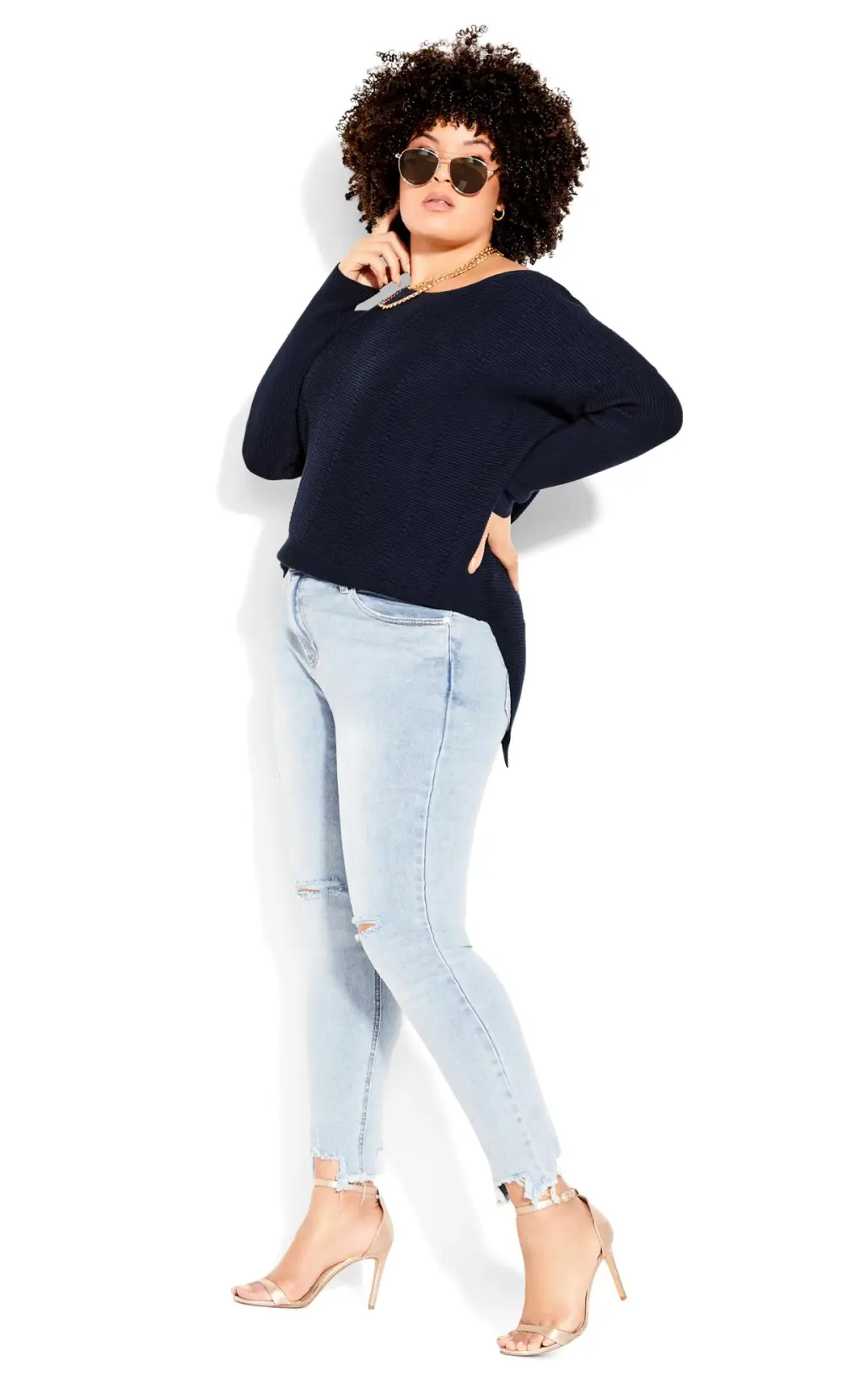 Evans Navy Blue Batwing Side Split Jumper