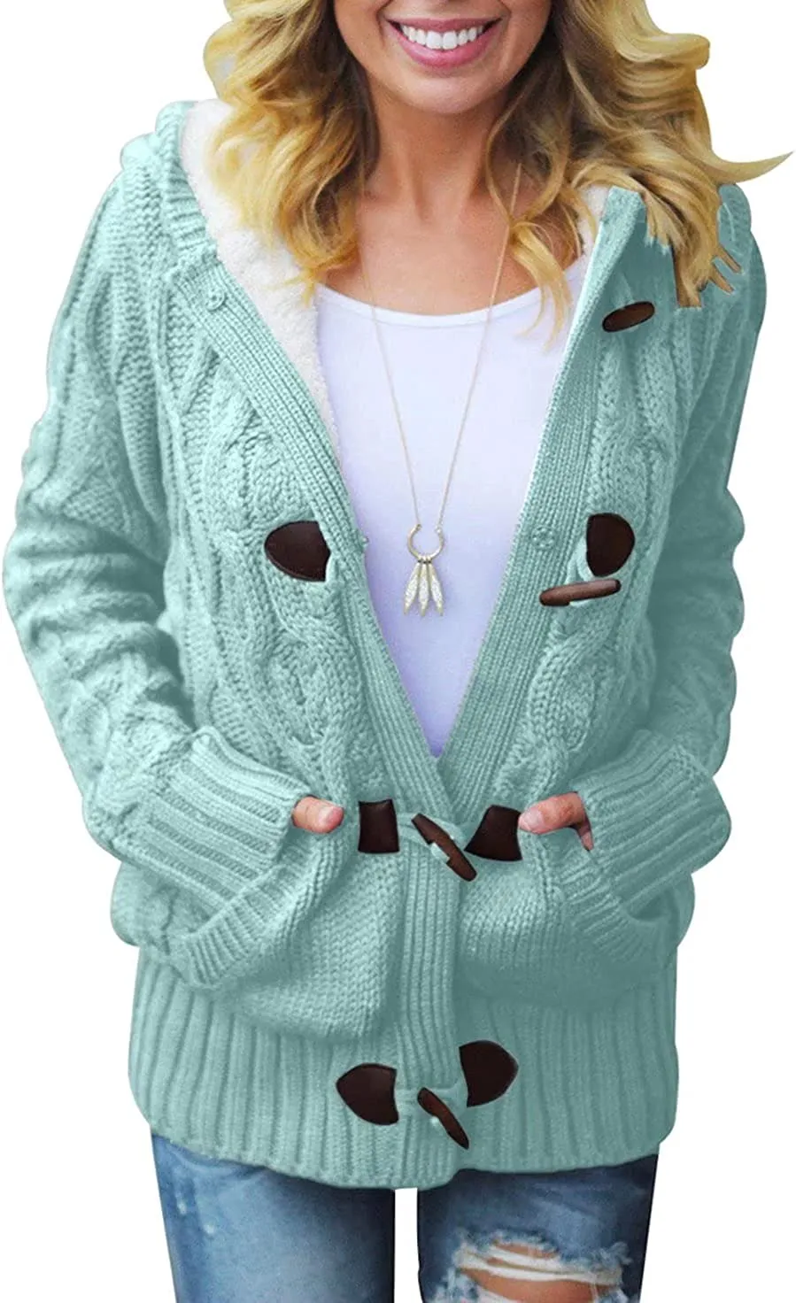 Womens Hooded Cardigans Button Up Cable Knit Sweater Coat Outerwear with Pockets