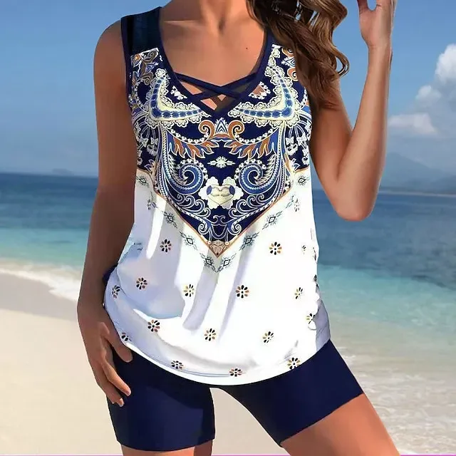 Women's Swimwear Tankini 2 Piece Plus Size Swimsuit Printing Floral Black White Yellow Pink Sky Blue Tank Top Bathing Suits Sports Summer