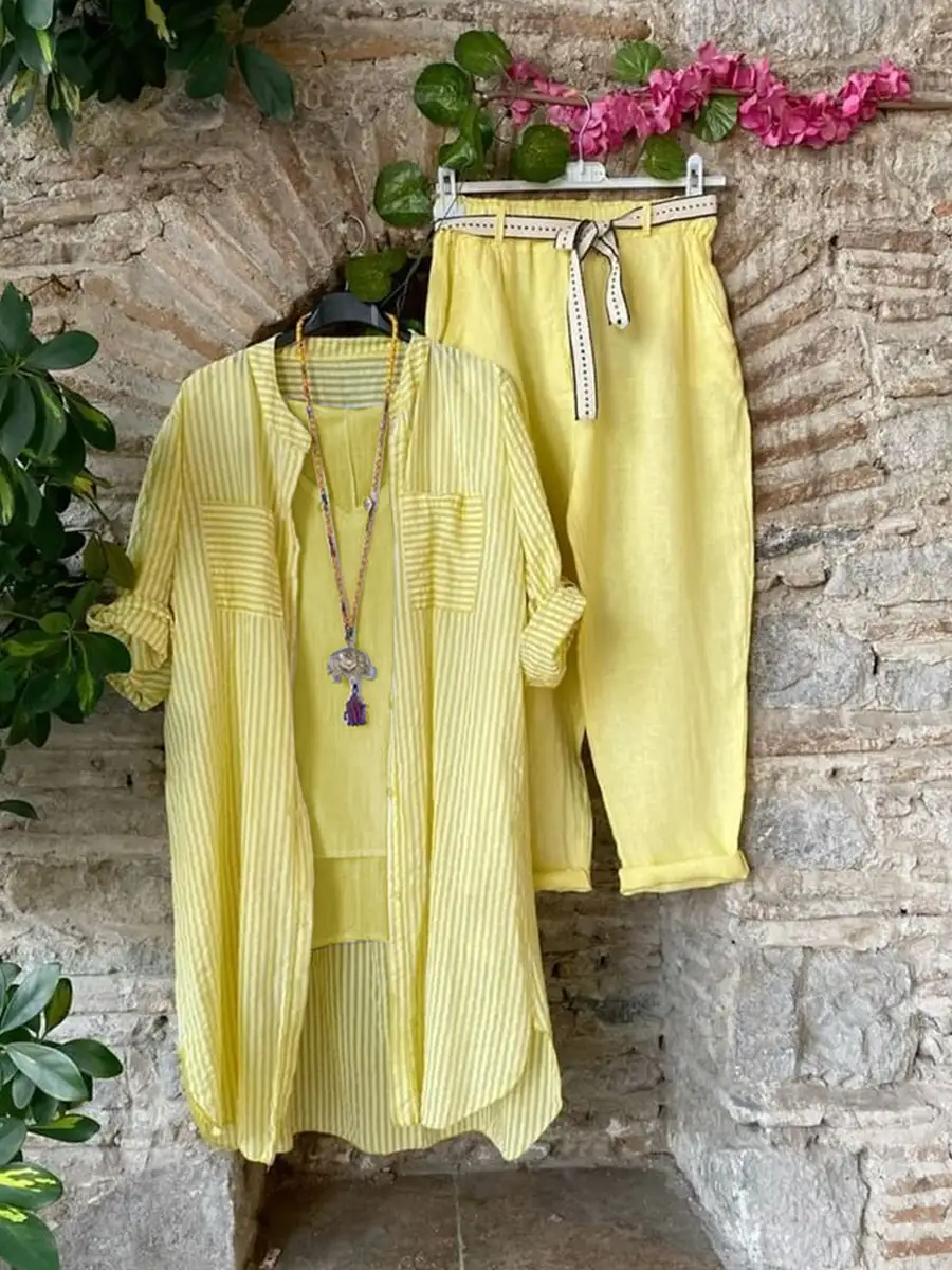 （Clearance Sale⚡） Casual Top And Pants With Stripe Cardigan Three-piece Set